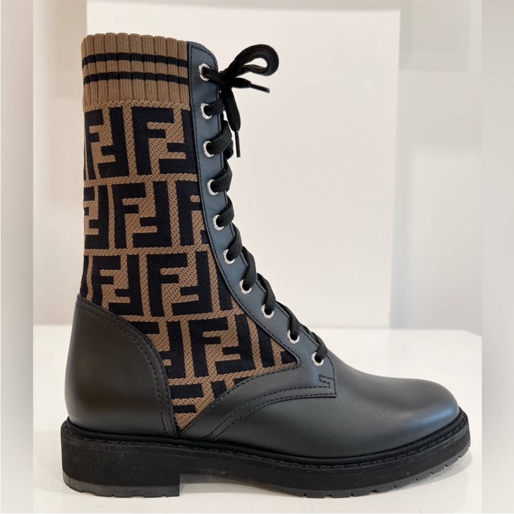 Fendi Rockoko Black and Brown Lace Up Boots with FF Monogram